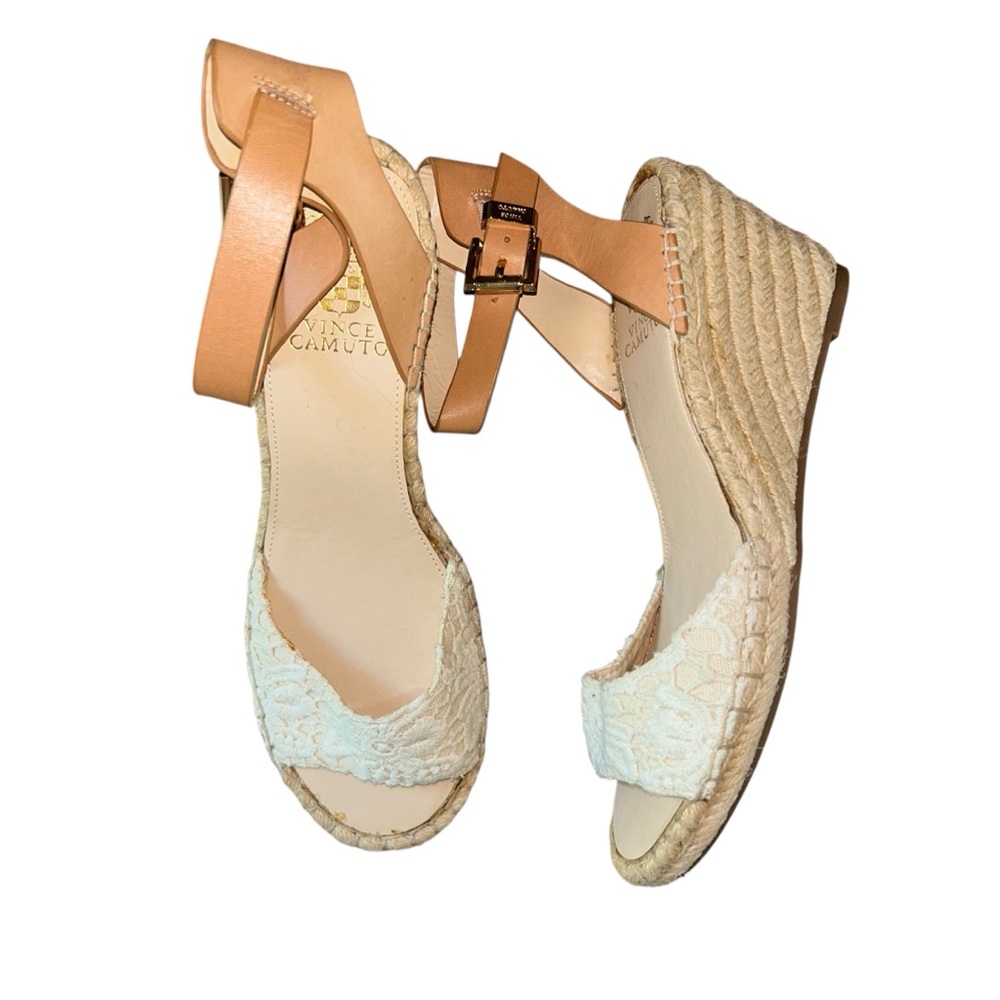 Vince Camuto Tesa Espadrille Wedge Sandals Cream Lace Leather Ankle Strap 9‎ 39
